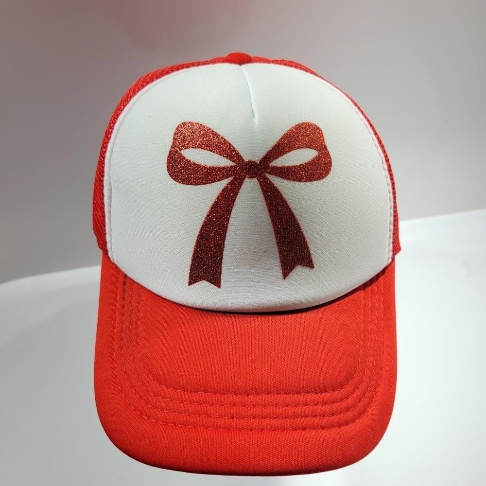 The Christmas Shoppe Hat Cap Trucker Snap Back One Size Red Bow Christmas